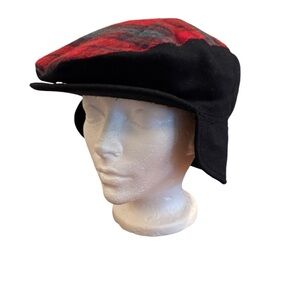 VTG Tartan Flat Cap Ear Flap Hat Red Black Peaky Blinders Wool Button Down